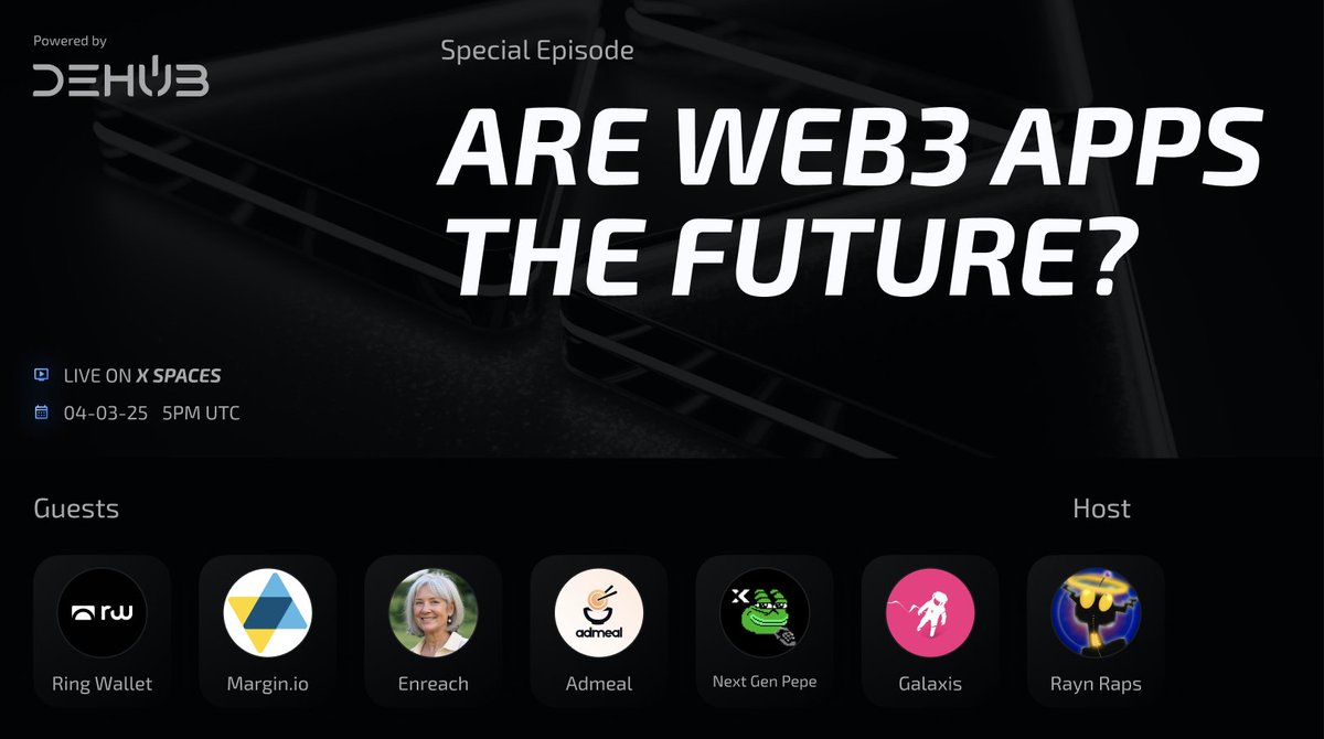 🎙 Are Web3 Apps The Future?

Find out what our panel thinks in this week's spaces tomorrow at 5pm UTC!

Guests

<a href="/ringwallet/">Ringwallet - Wearable Hardware Wallet</a> 
<a href="/marginsoftware/">margin.io</a> 
<a href="/enreach_ai/">Granny from Enreach</a> 
<a href="/Admeal_Official/">Admeal Official</a> 
<a href="/nextgenpepe/">PepeX | Next Gen $PEPE</a> 
<a href="/Galaxisxyz/">Galaxis</a> 

Host

<a href="/RaynRaps/">RaynRaps⛈</a>