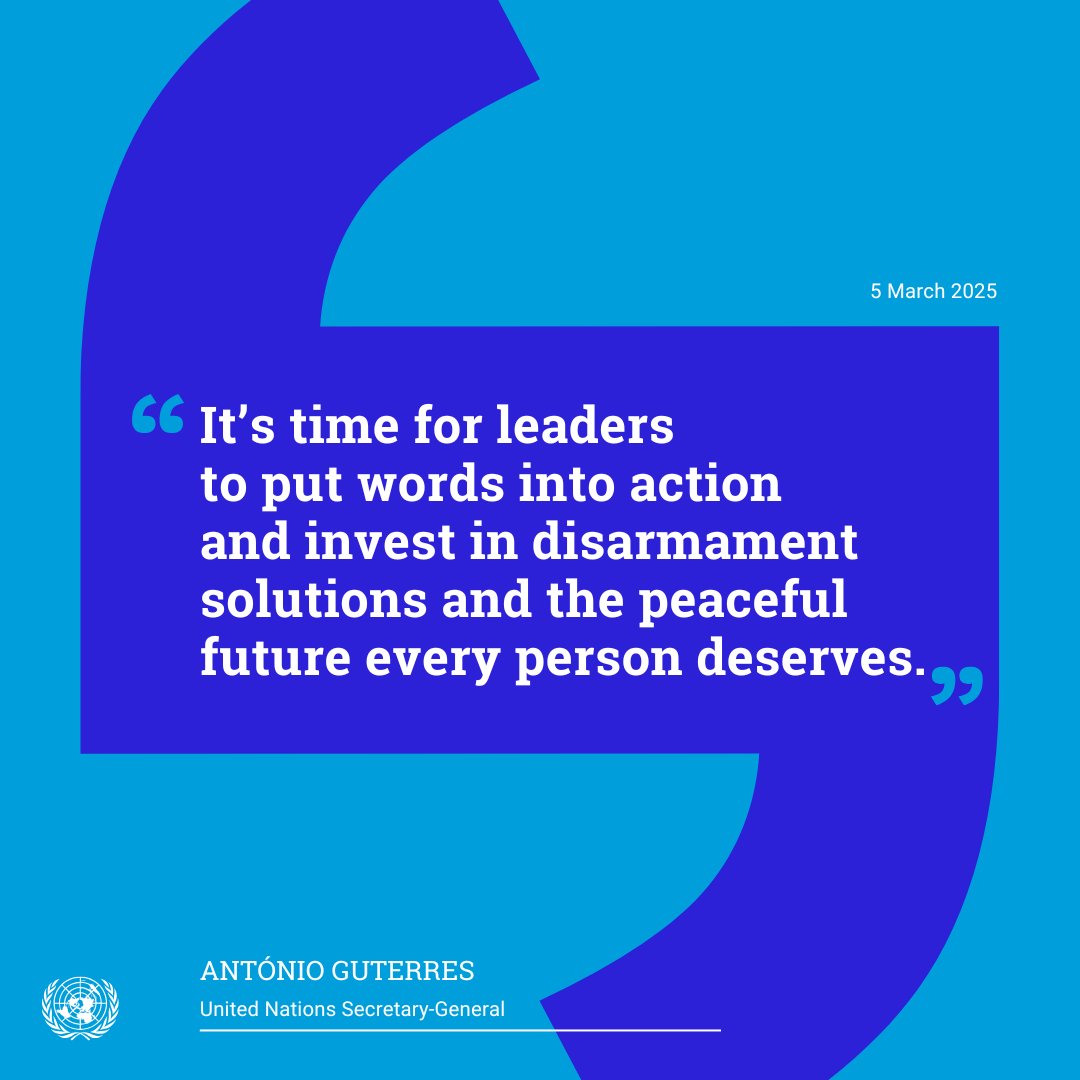 United Nations (@un) on Twitter photo “It’s time for leaders to put words into action and invest in disarmament solutions and the peaceful future every person deserves."
– <a href="/antonioguterres/">António Guterres</a> on Wednesday’s Disarmament and Non-Proliferation Awareness Day. un.org/en/observances… “It’s time for leaders to put words into action and invest in disarmament solutions and the peaceful future every person deserves."
– <a href="/antonioguterres/">António Guterres</a> on Wednesday’s Disarmament and Non-Proliferation Awareness Day. un.org/en/observances…