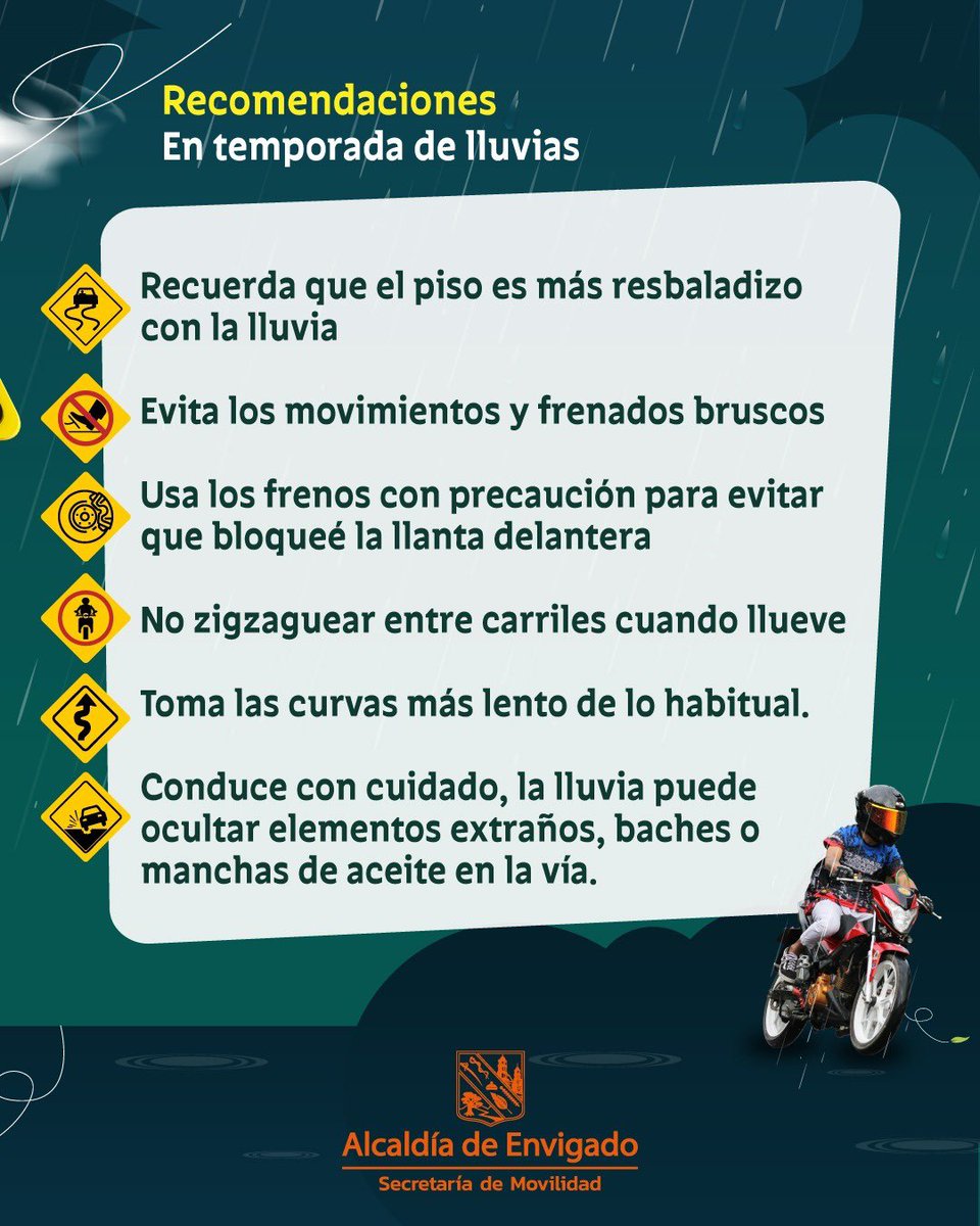 ¡#AmorPorEnvigado es Conducir con precaución y llegar seguro a tu lugar de destino! 🚗🛵

🌧️ Conducir bajo la lluvia puede ser un desafío, pero con precaución y algunas medidas adicionales, puedes mantener la seguridad en la vía.