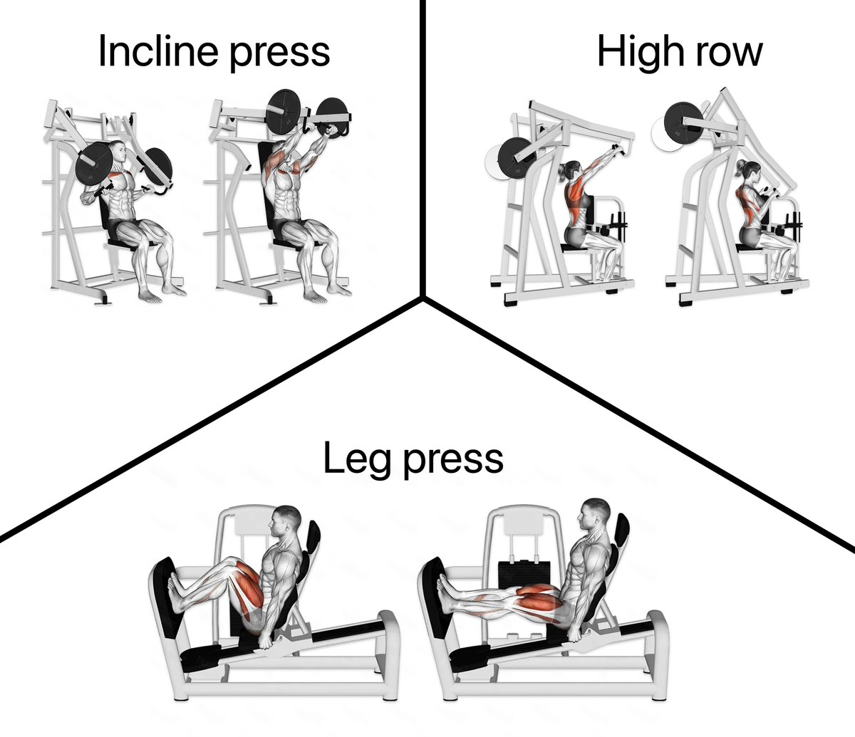 Machines? Solid workout in 10 minutes. 

One hard set to failure daily (or most days) for push/pull/legs.

1️⃣ Incline press (nice in-between of horizontal &amp; vertical pushing).

2️⃣ High row (same thing, for pulling).

3️⃣ Leg press.

Aim for 5-15 rep range—and go to triple failure.