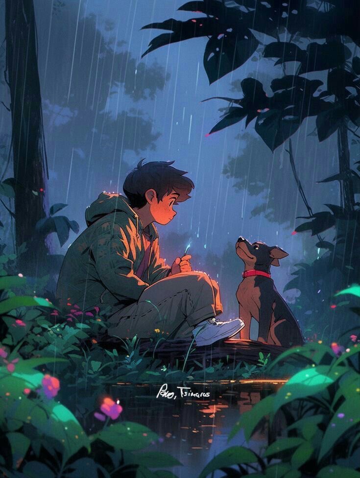 A HUMAN AND A DOG SITTING TOGETHER IN THE  RAIN IN A FOREST , DNR