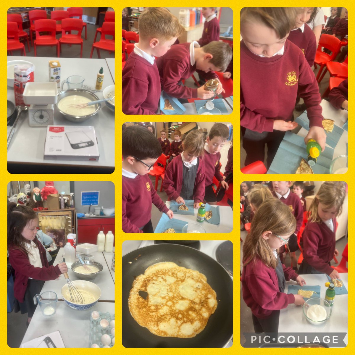 Diwrnod crempog prysur ym Ml.1 a 2! Diolch i’r staff am wneud dros 80 o grempogau blasus! A busy pancake day in Yr. 1 and  2 today!