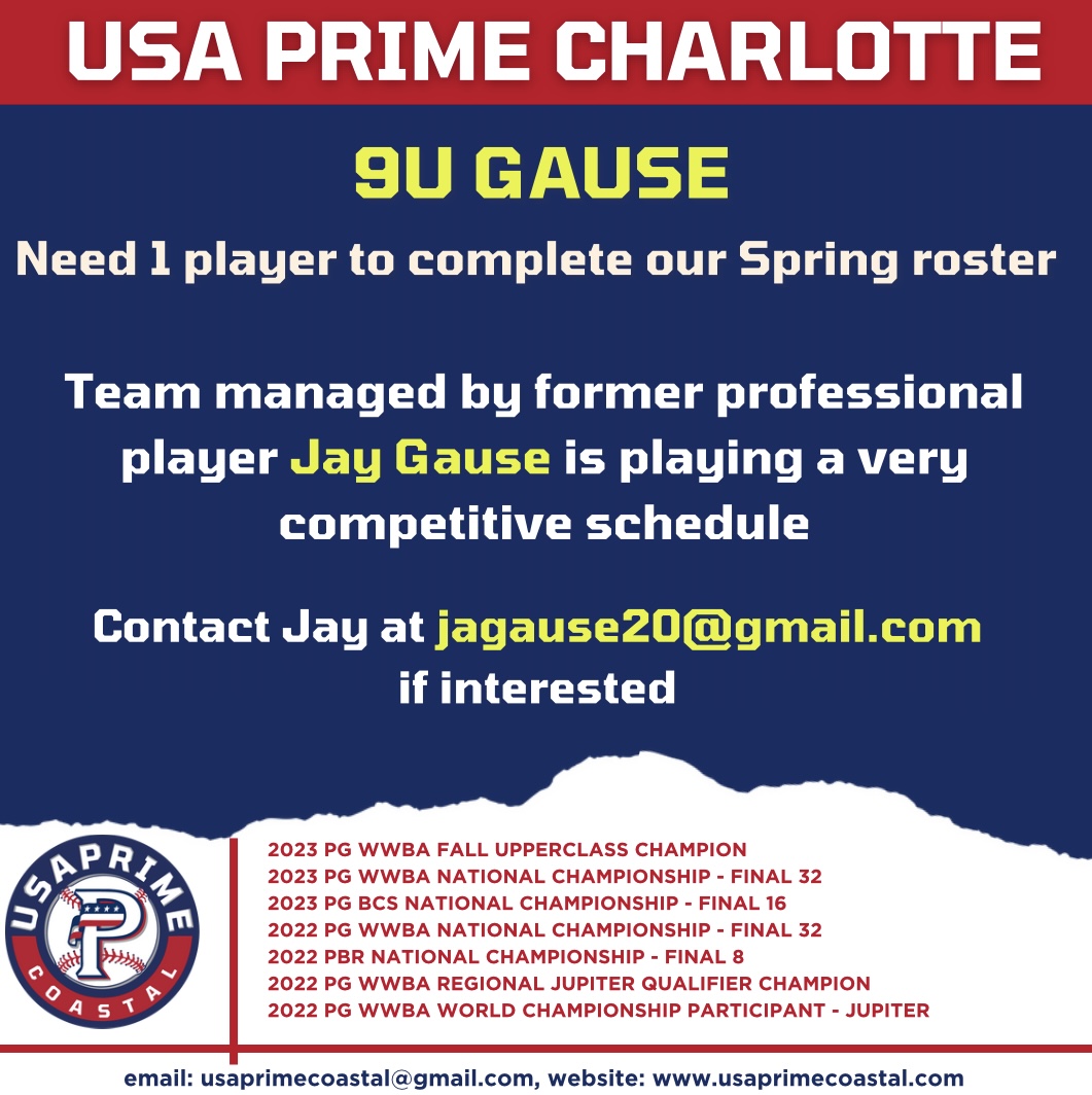 USA Prime Coastal (@usaprimecoastal) on Twitter photo @usaprimecoastal Charlotte is looking to fill 1 roster spot for 9U Gause. Team is managed by former professional player Jay Gause. Contact Jay at jagause20@gmail.com if interested. <a href="/PGSECCharlotte/">Perfect Game SEC Charlotte</a> @PGYouthCoastal <a href="/NCUSSSABaseball/">NCUSSSA</a> @usaprimecoastal Charlotte is looking to fill 1 roster spot for 9U Gause. Team is managed by former professional player Jay Gause. Contact Jay at jagause20@gmail.com if interested. <a href="/PGSECCharlotte/">Perfect Game SEC Charlotte</a> @PGYouthCoastal <a href="/NCUSSSABaseball/">NCUSSSA</a>