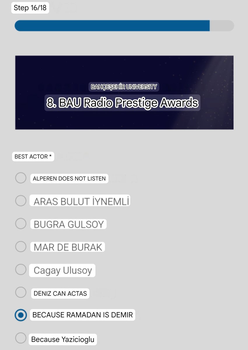 We're voting for Mert in the best actor category, make your choice!
some translations are different, I leave you a Mert location guide
#MertRamazanDemır 

form.bau.edu.tr/bauradyo/