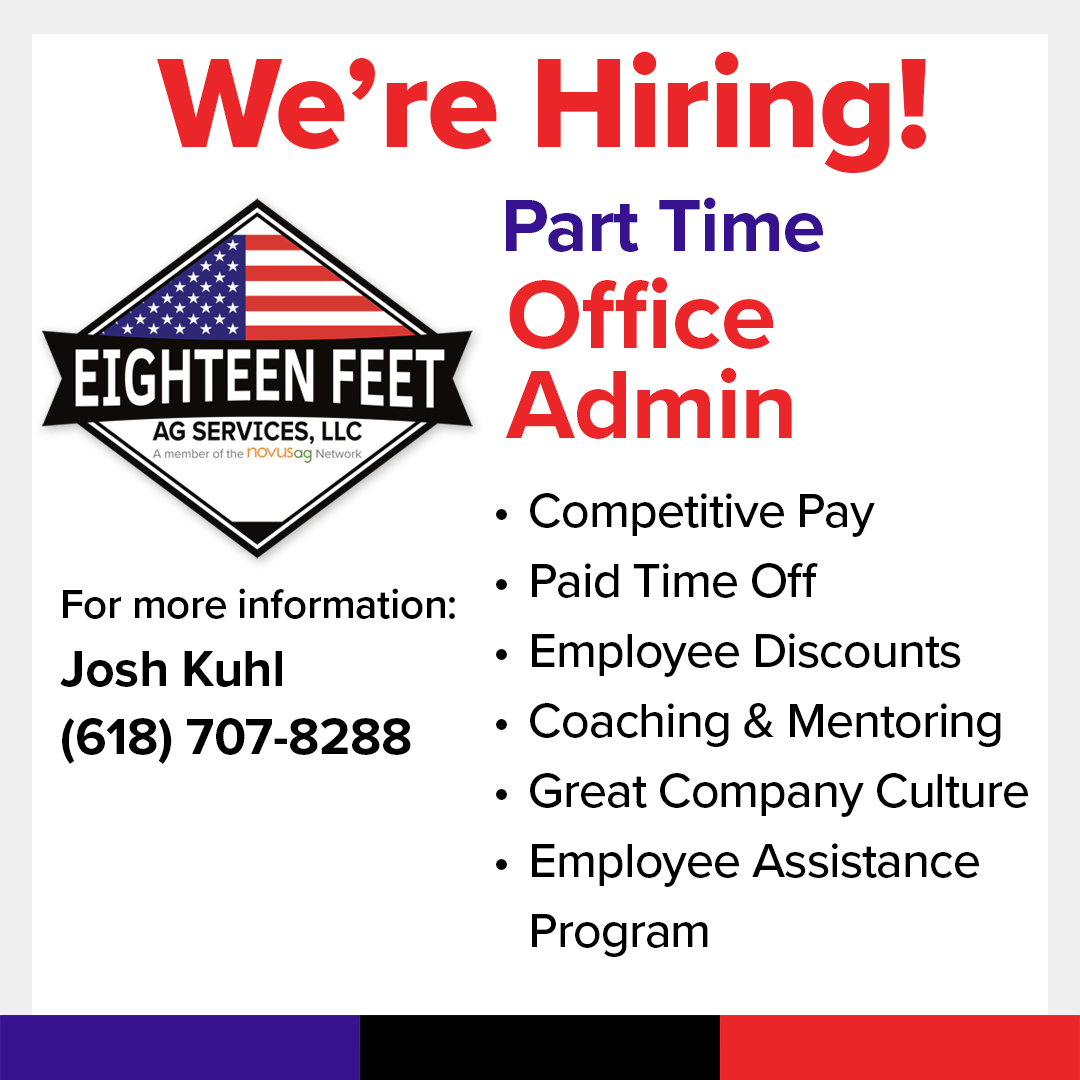 18 Feet Ag Services, LLC, a member of the Novus Ag Network, has an opening available for a part-time Office Admin at their facility in Kansas, IL. If you're interested or know of someone who might be, contact Josh Kuhl at (618) 707-8288 or josh.kuhl@novusag.com. Please share!