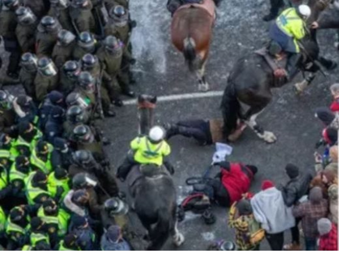 This is Canada under tyrant Justin Trudeau. Peaceful protesters being trampled, bank accounts seized.