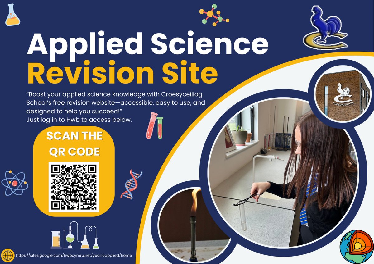 Introducing a custom made Croesy Applied Science revision website for current year 10 students. The site contains blended learning, quizzes, relevant WJEC textbook chapters and much more. 
Students will need to be logged in to their Hwb account to access.