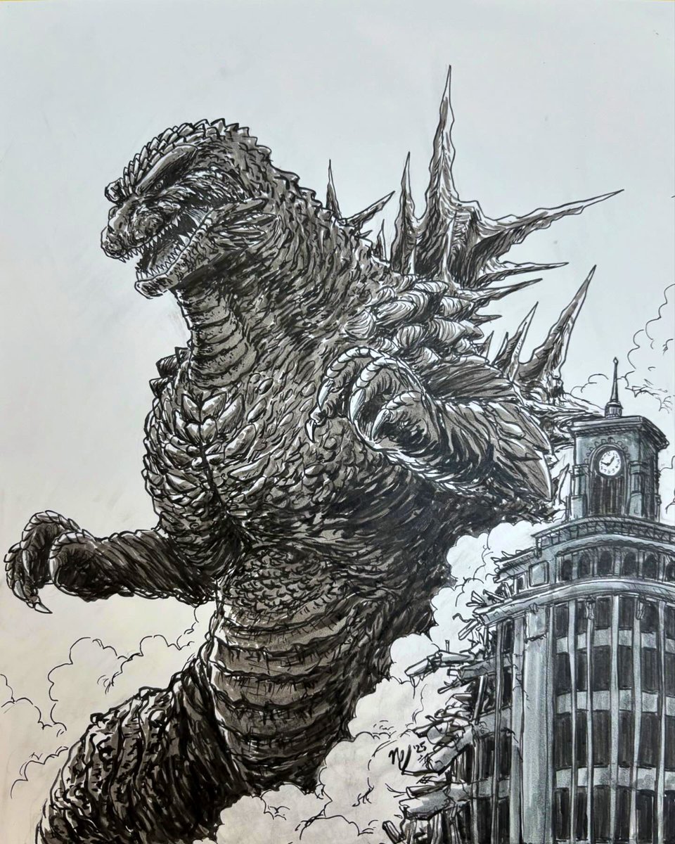 nojoco312's tweet image. pen and ink Godzilla Minus One drawing for a show back in January 🕰️