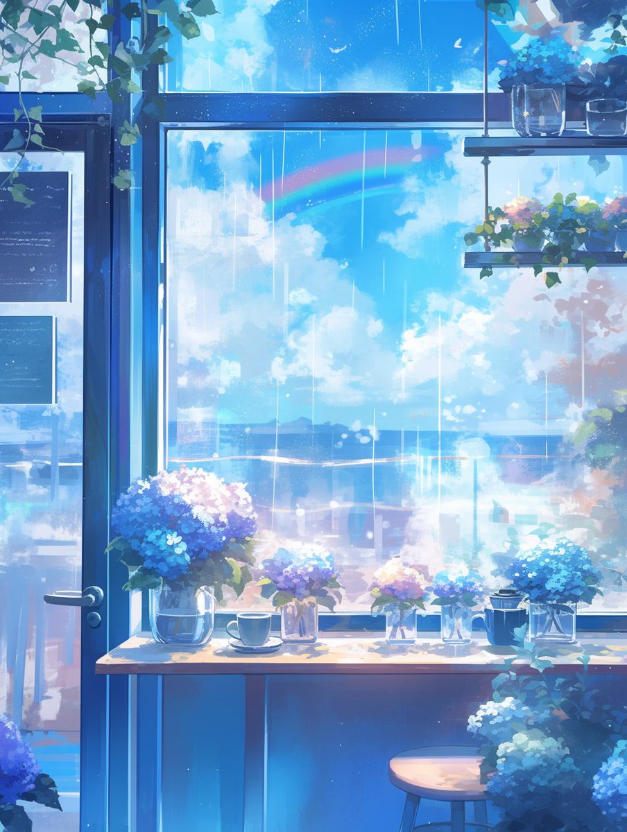 ( ϶'ᗜ')϶＜雨宿りカフェ🌈

梅雨でもたくさんの紫陽花や虹を見て癒されませんか？☕️
雨の日にオープンするカフェをイメージした背景素材です🫧

おはツイから立ち絵の背景やネップリにも❣️

🆗加工、商用利用
🆖自作発言、再配布
#あまりのフリー素材 #AI
#TRPG素材 #配信素材 #Vtuber素材