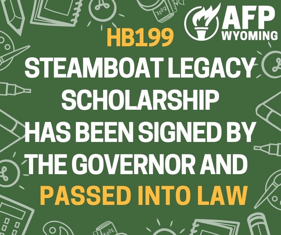 AFPWyoming's tweet image. We are thrilled to announce that House Bill 199 – the Steamboat Legacy Scholarship Act has been SIGNED INTO LAW by Governor Mark Gordon!
A HUGE THANK YOU to everyone who played a role in making this a reality. This is a major victory for Wyoming students and families!