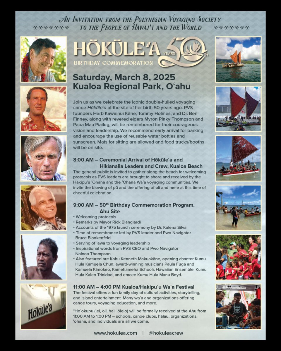 We are so excited to see you all this Saturday, March 8th, to celebrate a historic milestone event for Māmā Hōkūleʻa on her 50th Birthday Commencement at Kualoa Regional Park! ✨

Here are a few things to prepare &amp; keep in mind of for Saturday's event!

#Hokulea50