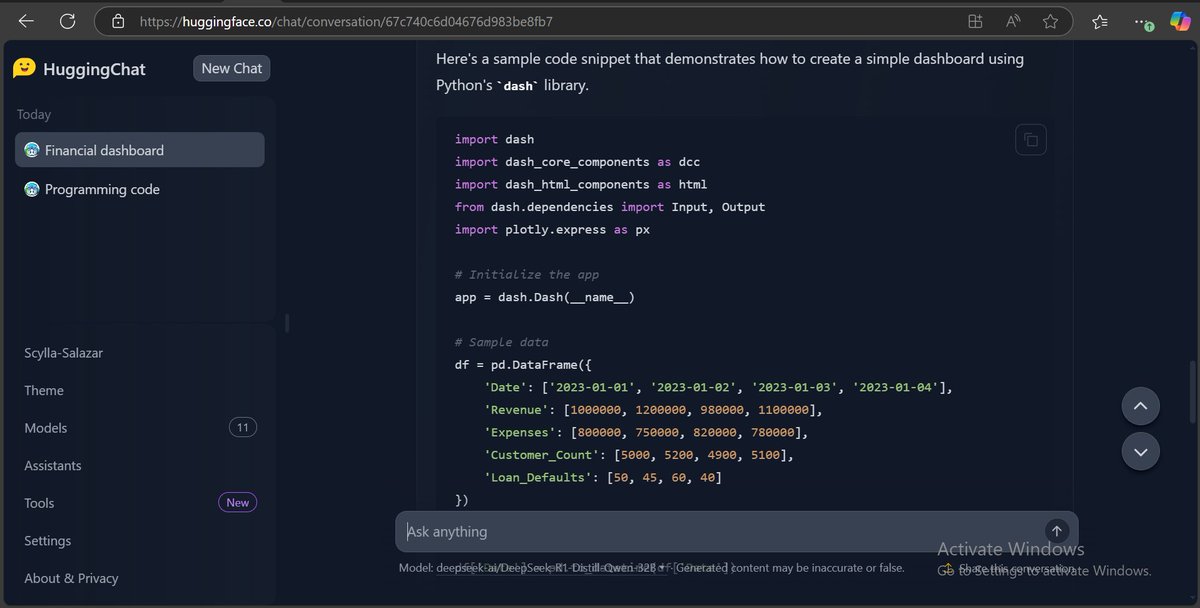 IwuchukwuAlex's tweet image. Just tested HuggingChat with the Coder Assistant for an Operations Dashboard in a financial institution - mind blown! 🔥 The open-source AI game is leveling up.
If you haven’t explored HuggingChat yet, you’re missing out!
#AI #HuggingChat I #Tech #ML #Fintech
@julienbarbier42