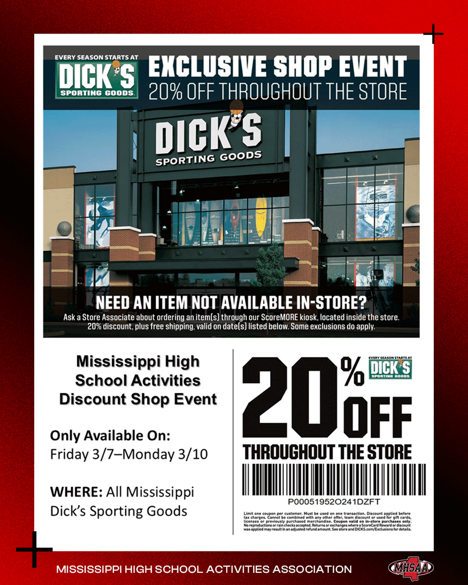🚨Dick's Sporting Goods, an official partner of the MHSAA, is excited to host an exclusive shop event THIS WEEKEND for all MHSAA schools, coaches, students, parents and fans. Receive 20% off you purchase on most items in the store by showing this graphic or clicking the link