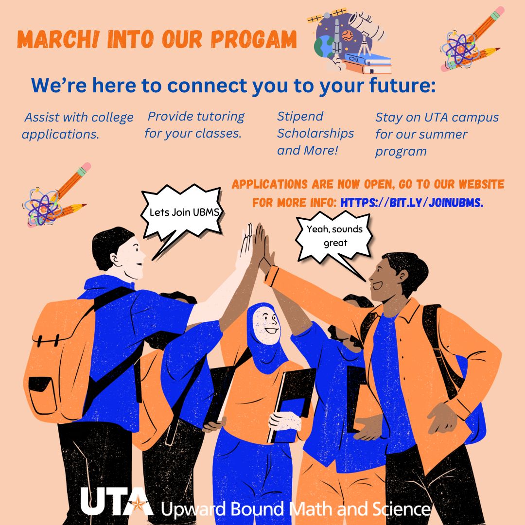 🍀MARCH🍀 forward with the Upward Bound Math &amp; Science program <a href="/utarlington/">The University of Texas at Arlington</a>! Gain new opportunities, uncover your potential, and enjoy hands-on learning experiences through UBMS. Now is the time to spring into action, applications are closing soon! More at:bit.ly/JoinUBMS
