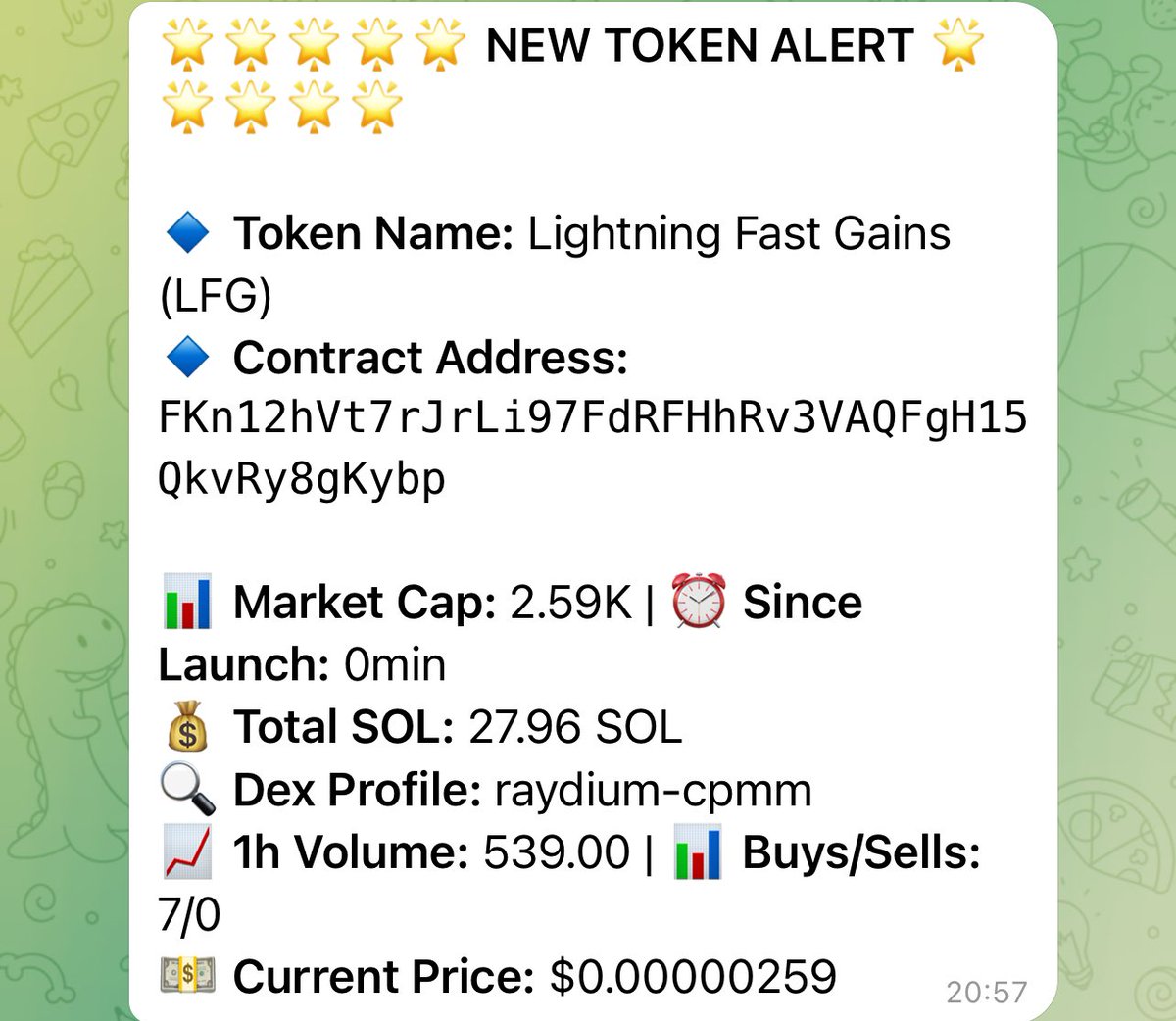 sutralabs's tweet image. Kujira Bot called $LFG at 2.59K market cap. 

So far @LFGREWARDS hit an ATH of 525.63K therefore giving gains of 202.94X thus far 🚀

It is currently sat at 345K market cap with a 5m volume of $26K.