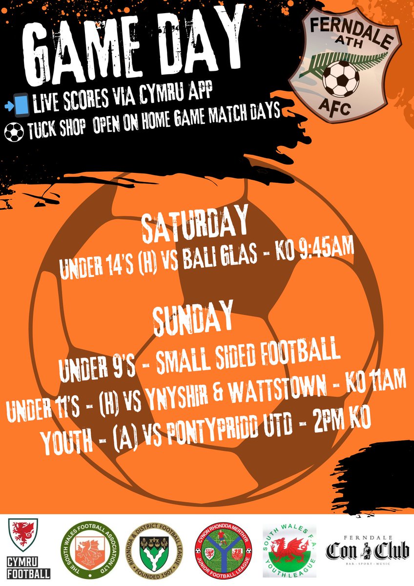 This Weekends Fixtures 

📲 Live updates via Cymru football app
🗣️ Come along and support the teams 

🧡UppaFerns