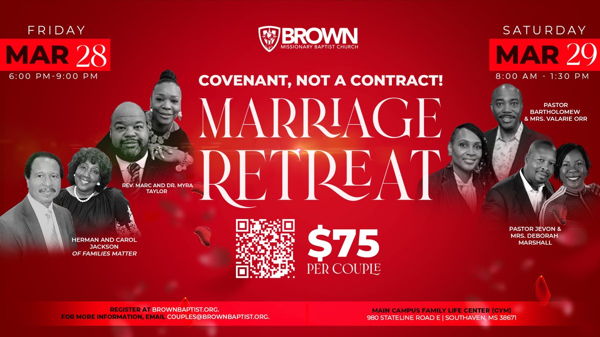 BrownBaptist's tweet image. All married and engaged couples are invited to attend our Marriage Retreat on March 28 &amp;amp; 29. The cost is only $75 per couple.

Invest in your marriage by registering  today by visiting BrownBaptist.org.

#BMBC #BrownBaptist #Marriage #Retreat #Covenant #Contract #Couples
