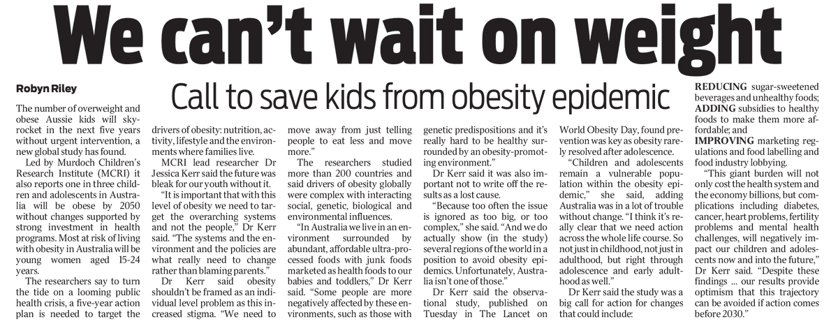 MCRI Dr <a href="/jessica__kerr/">Jessica Kerr, PhD</a> speaks to <a href="/theheraldsun/">Herald Sun</a> Health Editor <a href="/rileyrobyn08/">Robyn Riley</a> about how without changes supported by strong investment in #health programs, one in three children and adolescents in Australia will be #obese or #overweight by 2050. <a href="/CforAH/">Centre for Adolescent Health (CAH)</a> 

Read more 👇