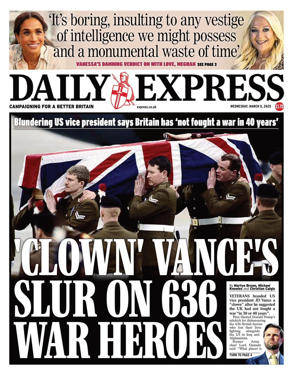 More reaction from the British press to JD Vance's slur on British troops. This row isn't going away.