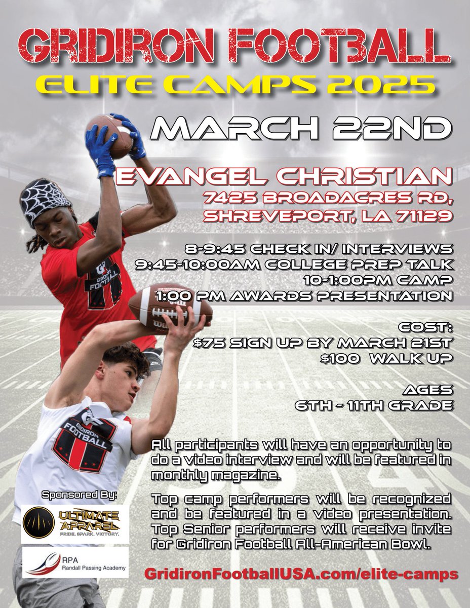 Gridiron Football® (@gridironfootbal) on Twitter photo BREAKING: Gridiron Football is going up to the 318 at legendary Evangel Christian Academy (<a href="/EvangelAEagles/">Evangel Christian Football</a>) on Saturday, March 22nd!
This is a great opportunity for players to put some work in the off-season while also getting some media exposure from Gridiron Football. Every BREAKING: Gridiron Football is going up to the 318 at legendary Evangel Christian Academy (<a href="/EvangelAEagles/">Evangel Christian Football</a>) on Saturday, March 22nd!
This is a great opportunity for players to put some work in the off-season while also getting some media exposure from Gridiron Football. Every
