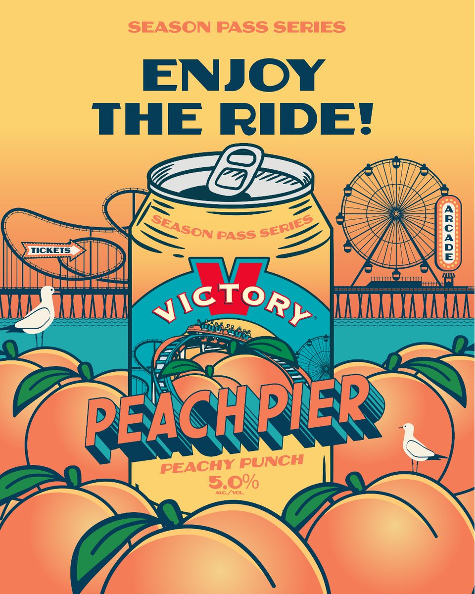 NEW BEER ALERT 🍑 Catch us at Peach Pier - where every sip bursts with notes of juicy peach and zesty lemon. Let this light and refreshing Peachy Punch Ale be your go-to for those endless summer days. Available THIS Friday at Victory Taprooms and your local beer store soon.