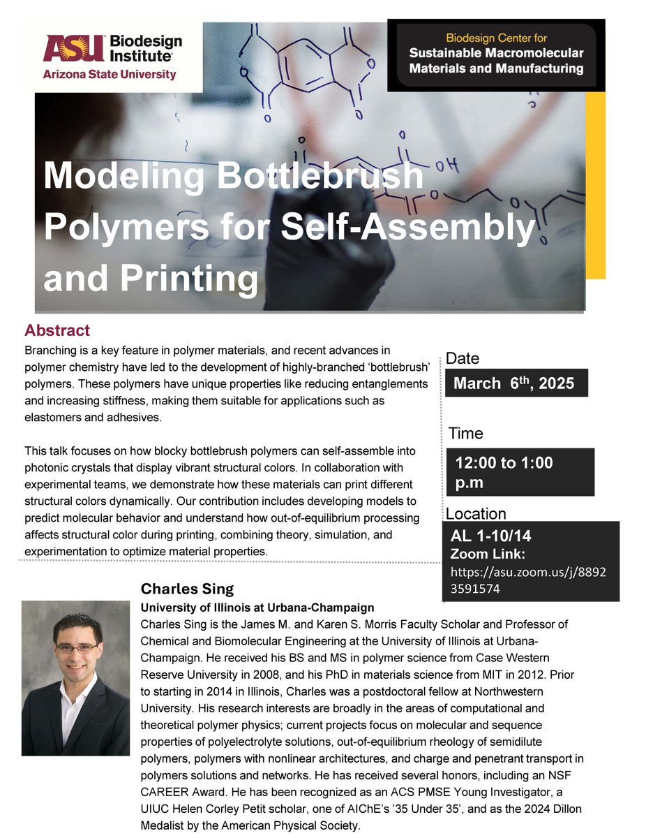 We are excited to welcome Dr. Charles Sing from <a href="/ChBEIllinois/">ChBE Illinois</a>, this Thursday! Dr. Sing will be discussing "Modeling Bottlebrush Polymers for Self Assembly and Printing". Thanks to <a href="/syensqo/">Syensqo</a> for supporting this event!