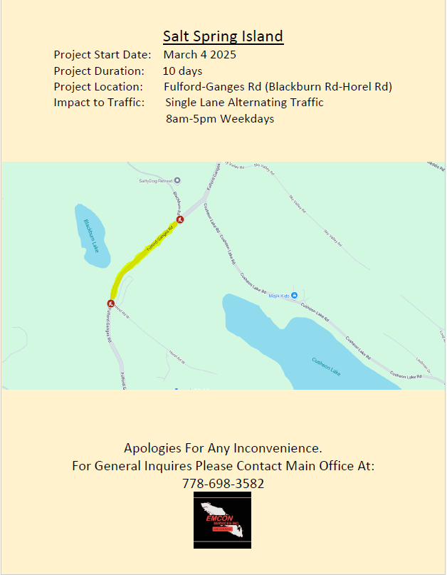 EmconSouthVI's tweet photo. ๐ง Upcoming Project on Salt Spring Island! ๐ง
Fulford-Ganges Rd from Horel Rd-Blackburn Rd.
From March 4th to March 14th 8 AM to 5 PM.
Single Lane Alternating Traffic.
Please plan accordingly and drive safely!
#SaltSpringIsland #GreatThanks https://t.co/JUv66bvjET