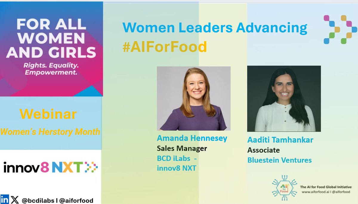 Vinay Indraganti (@vinayindraganti) on Twitter photo Webinar: Women Leaders Advancing #AIForFood
Join BCD iLabs and The AI For Food Global Initiative <a href="/aiforfood/">AI For Food</a> on March 18, 2025, from 1:30 PM to 2:30 PM ET / 12:30 PM to 1:30 PM CT for a special webinar in celebration of #WomensHertoryMonth.
This event will showcase the Webinar: Women Leaders Advancing #AIForFood
Join BCD iLabs and The AI For Food Global Initiative <a href="/aiforfood/">AI For Food</a> on March 18, 2025, from 1:30 PM to 2:30 PM ET / 12:30 PM to 1:30 PM CT for a special webinar in celebration of #WomensHertoryMonth.
This event will showcase the