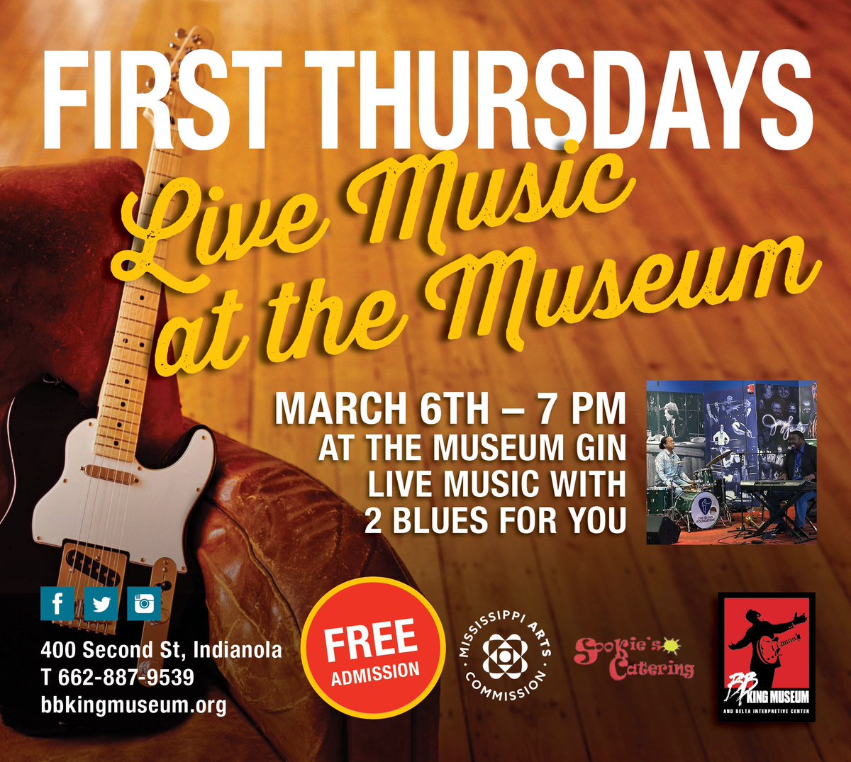 Let’s boogie! 🎶 Local #DeltaBlues talent with international recognition 🎶 We’re hosting Eric and Joe of 2 Blues For You <a href="/BBKingMuseum/">B.B. King Museum</a> with bites by Sookie’s Catering #FirstThursdaysatBBKM