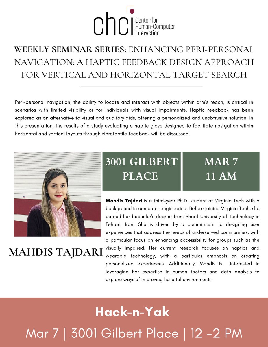 CHCI_VT's tweet image. Mahdis Tajdari and Sakshi Taori will present their research at this week&apos;s seminar. Check out the flyers below for details—we hope you can join us!