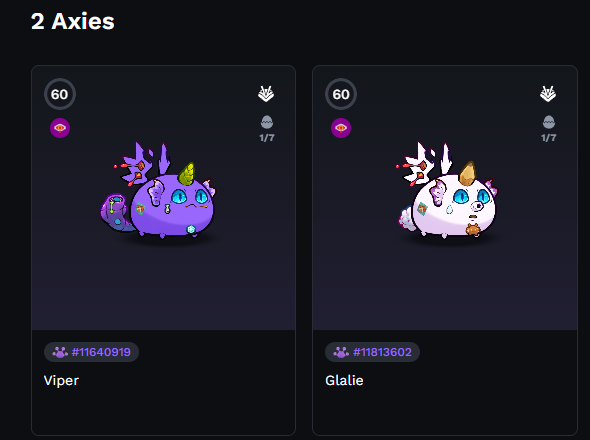 Finally, "Viper" and "Glalie" reach Level 60. To be honest, I'm just playing every day and didn't notice that they reached the max level. 

To celebrate this achievement, I'll be giving away 3 AXIE 🥰

✅Just follow <a href="/Jihoz_Axie/">Jihoz.ron</a> <a href="/trungfinity/">trungfinity.ron</a> and me <a href="/JL_Sungit/">Ninpou.ron ﾒ</a> 
✅ Heart and Retweet