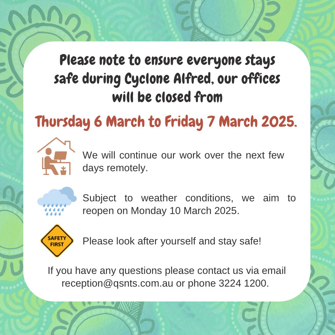 Please note to ensure the safety of our staff and clients we will close our offices from Thursday 6 March to Friday 7 March 2025. Subject to weather conditions, we aim to reopen on Monday 10 March 2025. 

Please look after yourself and stay safe!