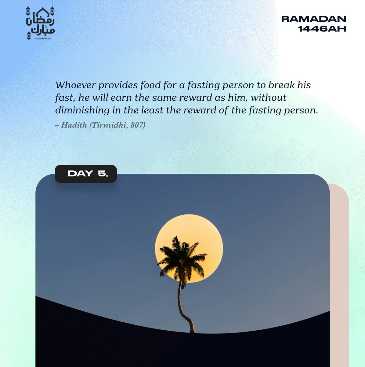 FlairMan_'s tweet photo. Day 5.

The Messenger ﷺ said: “Whoever gives food to a fasting person to break his fast, shall have his sins forgiven, and he will be saved from the Fire of Hell, and he shall have the same reward as the fasting person, without his reward being diminished at all.

#Day5 #1446AH https://t.co/oY5J9HKVvC