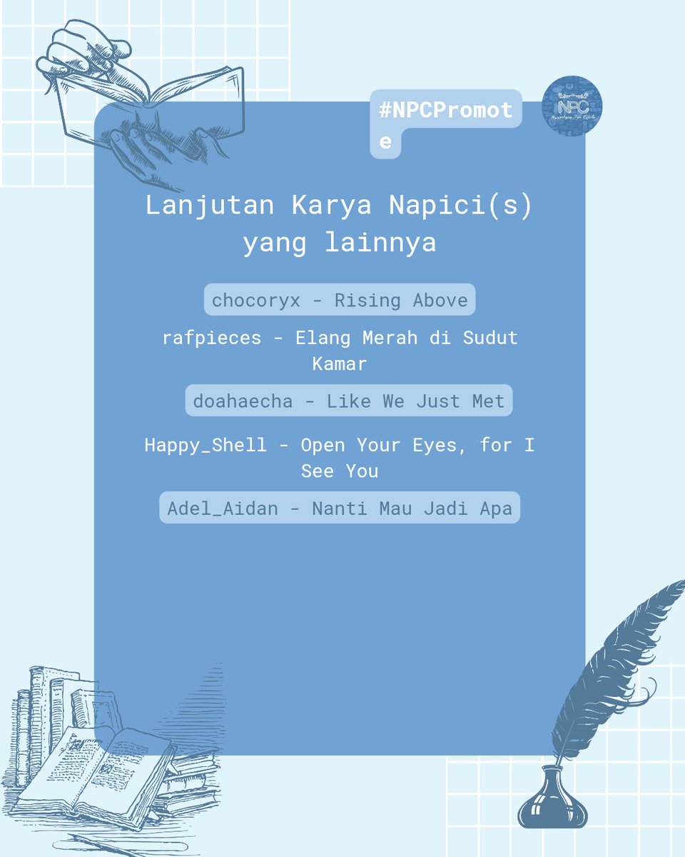 wattpad_npc2301's tweet image. Ada lomba menulis bertema coming of age lho! Kalian tahu dari penerbit mana? Yup, penerbit Ponyo! Banyak lho Napici yang ikutan lomba ini. Penasaran enggak siapa yang lolos sampai 12 besar? Yuk intip! 

#NPC2301 #Writingcontest #WritingCommunity