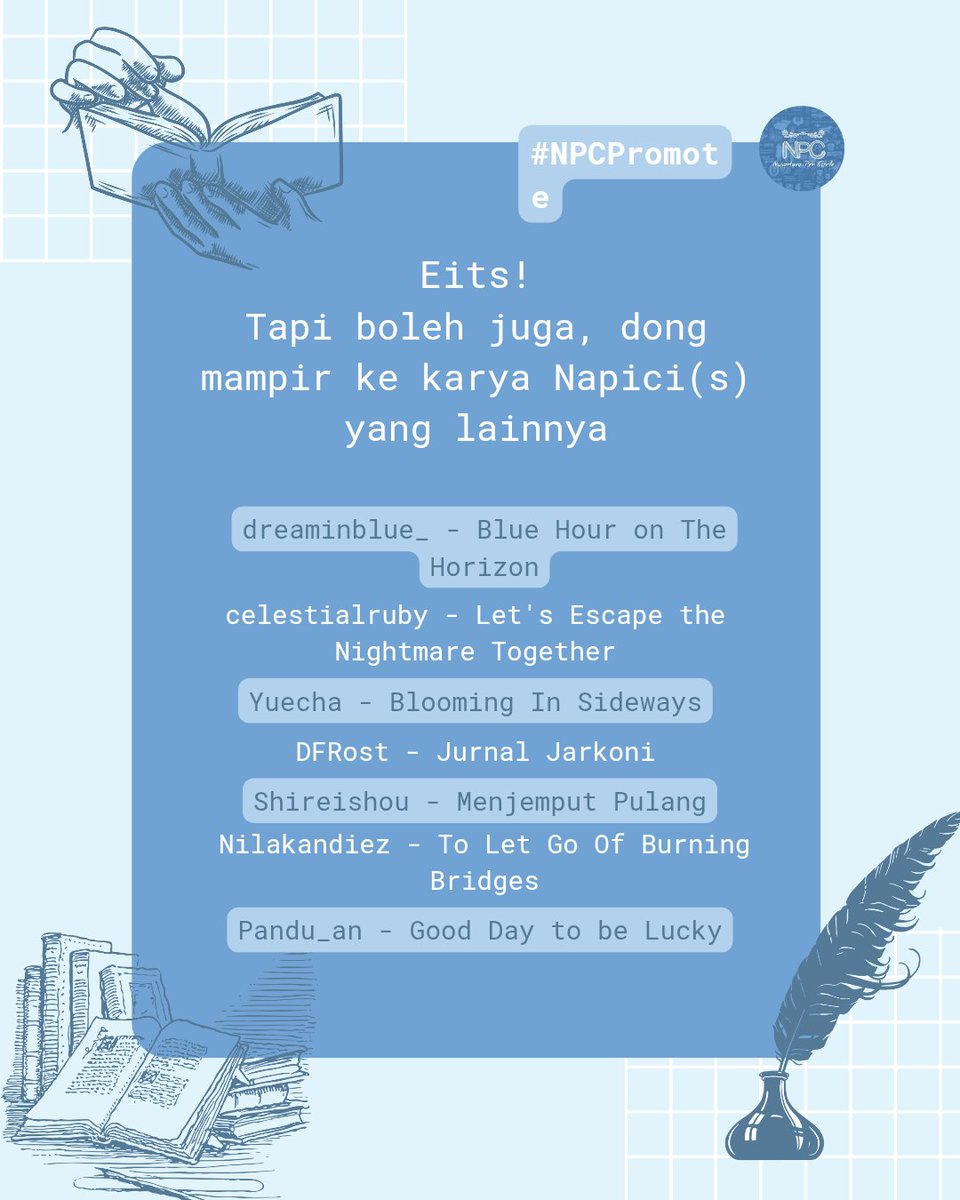 wattpad_npc2301's tweet image. Ada lomba menulis bertema coming of age lho! Kalian tahu dari penerbit mana? Yup, penerbit Ponyo! Banyak lho Napici yang ikutan lomba ini. Penasaran enggak siapa yang lolos sampai 12 besar? Yuk intip! 

#NPC2301 #Writingcontest #WritingCommunity