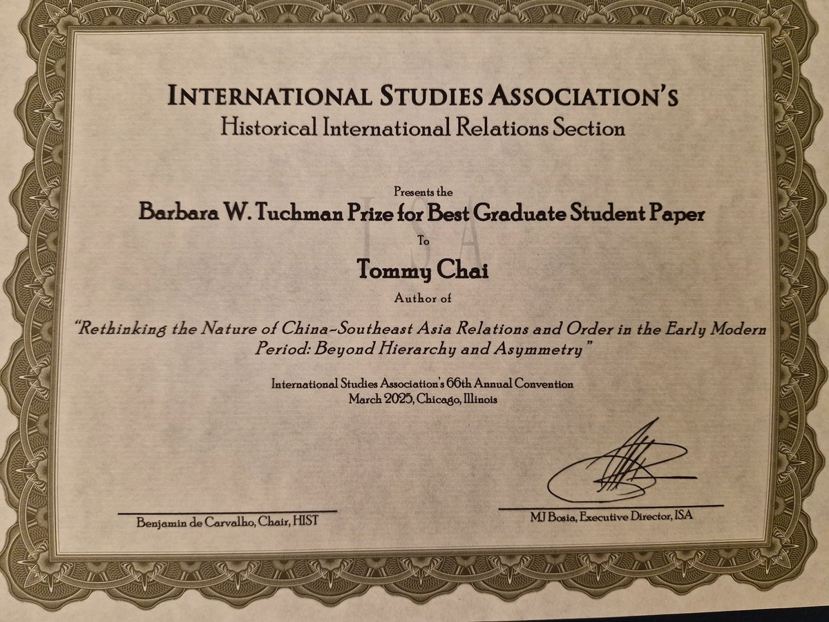 Tommy Chai (@tommychaish) on Twitter photo Honored to receive the Barbara W. Tuchman Award for Best Graduate Student Paper in the Historical IR section <a href="/HistoricalInte1/">Historical International Relations Section</a> at ISA! Though I was down with a migraine and couldnāt attend the ceremony, Iām deeply grateful. Huge thanks to the selection committee! #ISA2025 <a href="/isanet/">ISA</a> Honored to receive the Barbara W. Tuchman Award for Best Graduate Student Paper in the Historical IR section <a href="/HistoricalInte1/">Historical International Relations Section</a> at ISA! Though I was down with a migraine and couldnāt attend the ceremony, Iām deeply grateful. Huge thanks to the selection committee! #ISA2025 <a href="/isanet/">ISA</a>