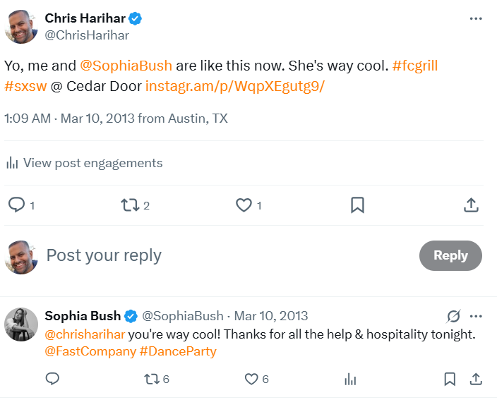 ChrisHarihar's tweet photo. All this means is that we're about to hit the cherished 12-year anniversary of that time @SophiaBush actually spoke to me while I did PR for the #FCGrill. https://t.co/QKdlG9qXvT