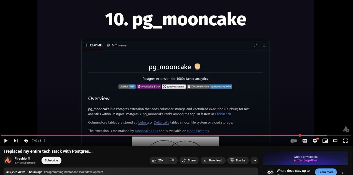 pranav_aurora's tweet image. pretty cool to see pg_mooncake on @fireship_dev . 

We built the fastest analytics database in Postgres, and are now going webscale with it 🥮