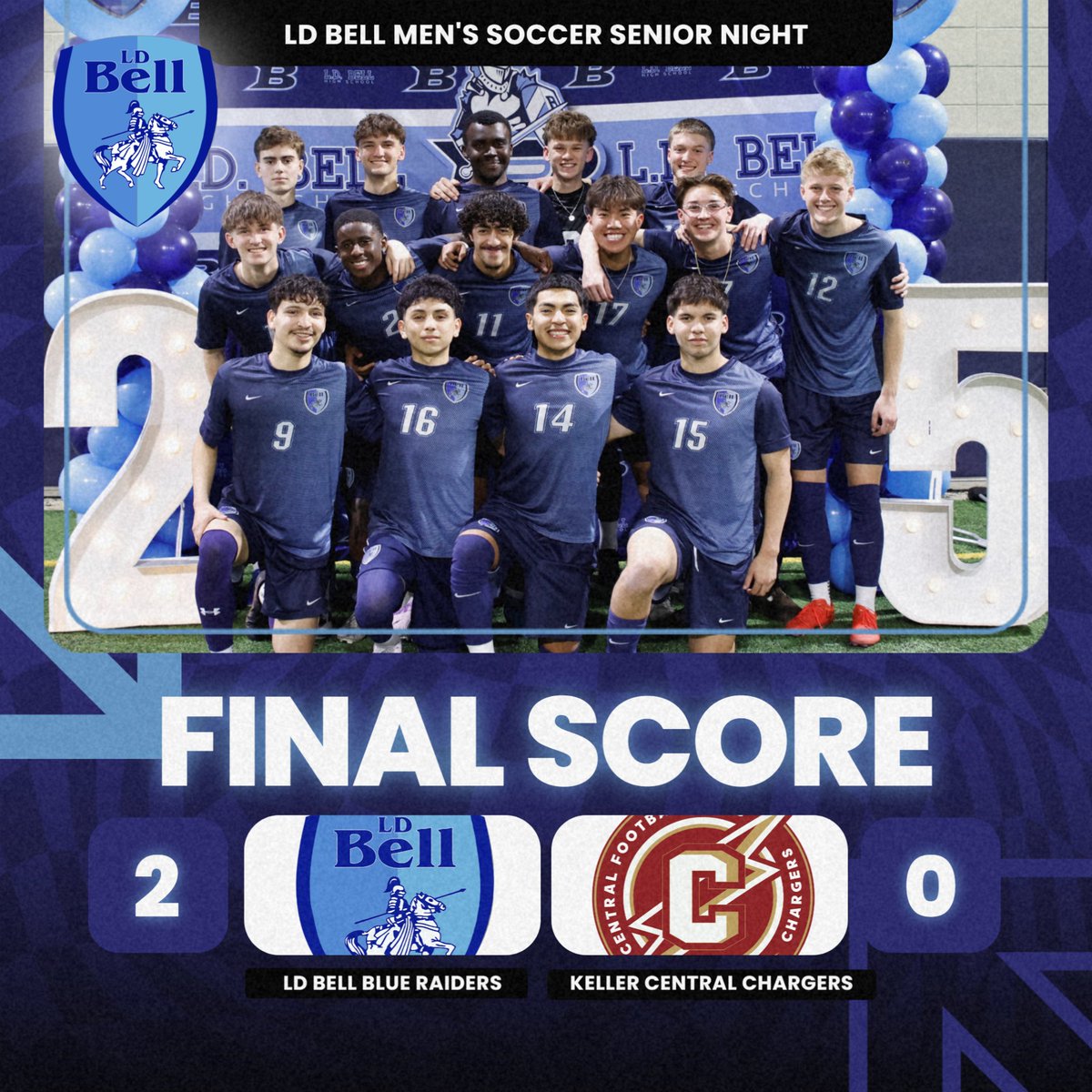 LDBell_Soccer's tweet photo. Tonight was senior night and your Blue Raiders knocked off the Chargers and are PLAYOFF BOUND!!! Men-of-the-Match honors go to seniors Cade Kelly and CJ James! 3 games left and these boys still have something to prove. #UniteAndConquer @RandyBelcherBHS https://t.co/N1sIJ3A2p9