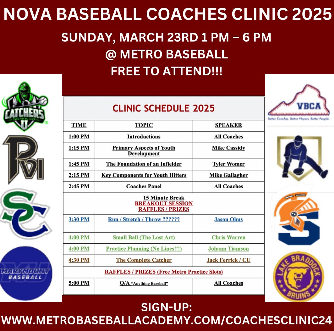 Metro Baseball (@metrosenators) on Twitter photo NOVA Coaches Clinic is set! We are excited for a fun day of learning from some of the best coaches in NOVA! Register on our site, link below: <a href="/CatchersU/">Catchers U®️</a> <a href="/PVI_Baseball/">Paul VI Baseball</a> <a href="/MarymountBASE/">Marymount Baseball</a> <a href="/VBCA2018/">Virginia Baseball Coaches Association</a> <a href="/GoldGloveDudes/">Gold Glove Academy ⚾️ #GoldGloveNation</a> <a href="/Coach_Womer/">Tyler Womer</a> <a href="/BraddockBall/">Lake Braddock Baseball</a> <a href="/NVTBLBaseball/">NVTBL</a>
metrobaseballacademy.com/coachesclinic25 NOVA Coaches Clinic is set! We are excited for a fun day of learning from some of the best coaches in NOVA! Register on our site, link below: <a href="/CatchersU/">Catchers U®️</a> <a href="/PVI_Baseball/">Paul VI Baseball</a> <a href="/MarymountBASE/">Marymount Baseball</a> <a href="/VBCA2018/">Virginia Baseball Coaches Association</a> <a href="/GoldGloveDudes/">Gold Glove Academy ⚾️ #GoldGloveNation</a> <a href="/Coach_Womer/">Tyler Womer</a> <a href="/BraddockBall/">Lake Braddock Baseball</a> <a href="/NVTBLBaseball/">NVTBL</a>
metrobaseballacademy.com/coachesclinic25