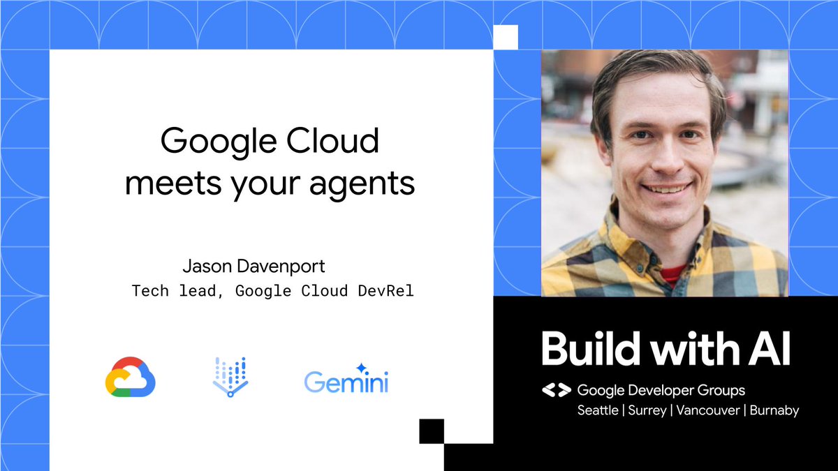 Join us tomorrow to learn "how to build AI agents in Google Cloud" by Jason Davenport. RSVP here: gdg.community.dev/events/details…