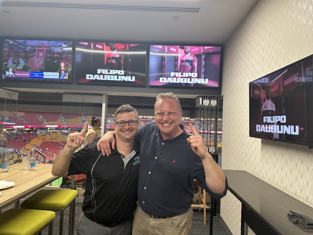 NetVaultAus's tweet photo. Great catching up with Nilesh from Niltech at the QLD Reds vs. Moana Pasifika game! We enjoyed the action at Suncorp Stadium while discussing exciting projects between #NetVault and #Niltech. 

Huge thanks to Nilesh for hosting Radek and Chris in the corporate suite! https://t.co/f6Tj6vqhCf