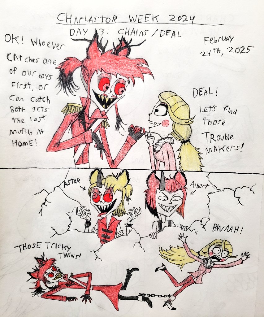 volahtile's tweet photo. #CharlastorWeek2024 Day 3: Chains/Deal

I wanted to make a funny one in this prompt. So meet my #Charlastorfankids Astor and Albert! Their first twins!
#Charlastor #chalastor #radiobelle #charliexalastor #alastorxcharlie #Aracha #찰래스터 #Чарластор #アラチャ #อลาสชาลี #阿拉查 https://t.co/jm31RAPzwA