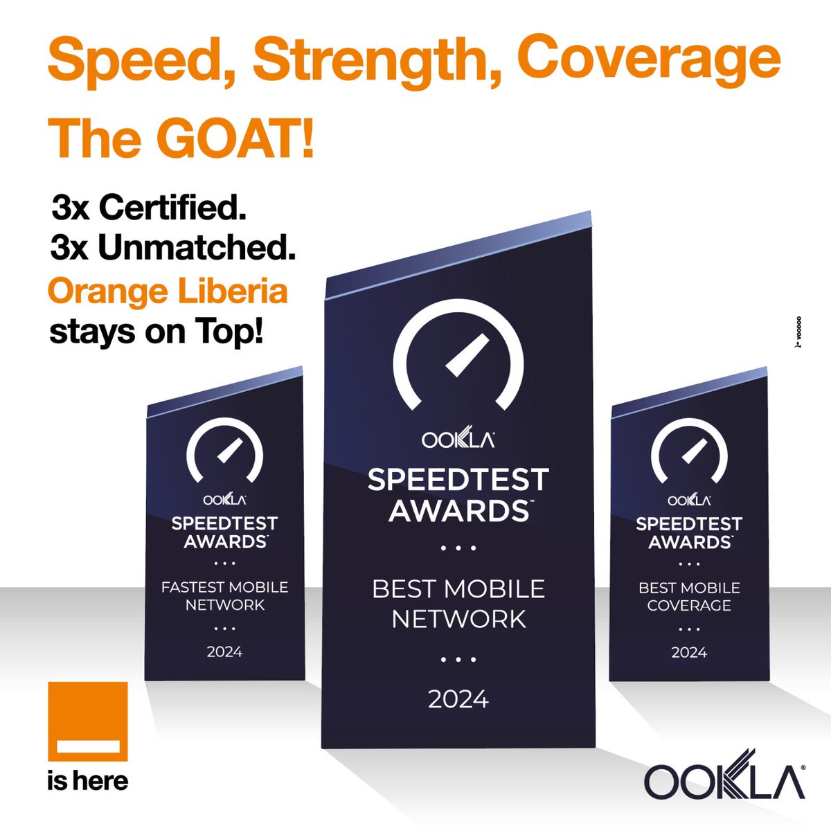 🏆 The GOAT of network Speed, Strength, and Coverage! Orange Liberia is officially 3x Certified and 3x Unmatched with Ookla Speedtest Awards! Providing the fastest, strongest, and best mobile network 3 years in a row—Orange Liberia stays on top! 
#OrangeLiberia #OOKLA