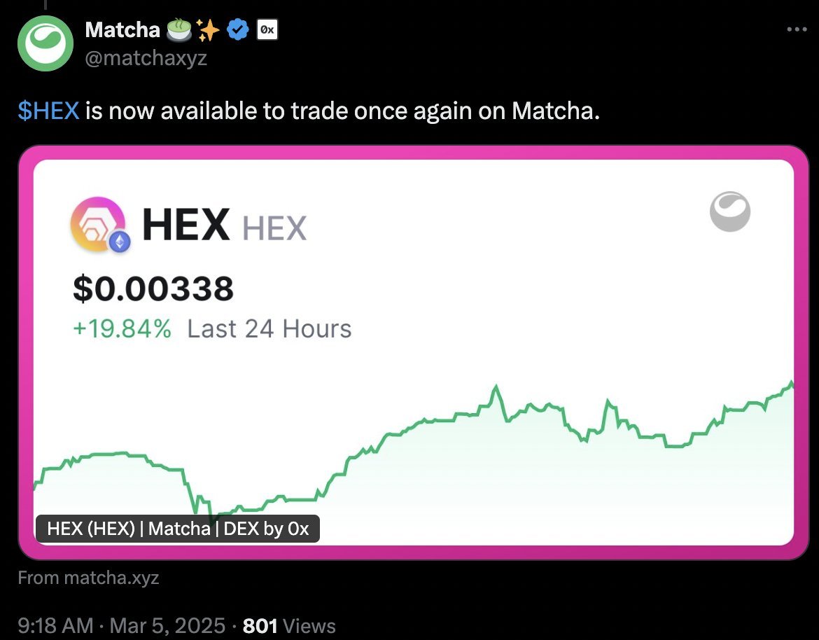 ❤️💛💚💙

🚨 BREAKING: Matcha has unbanned $HEX, and relisted the token.