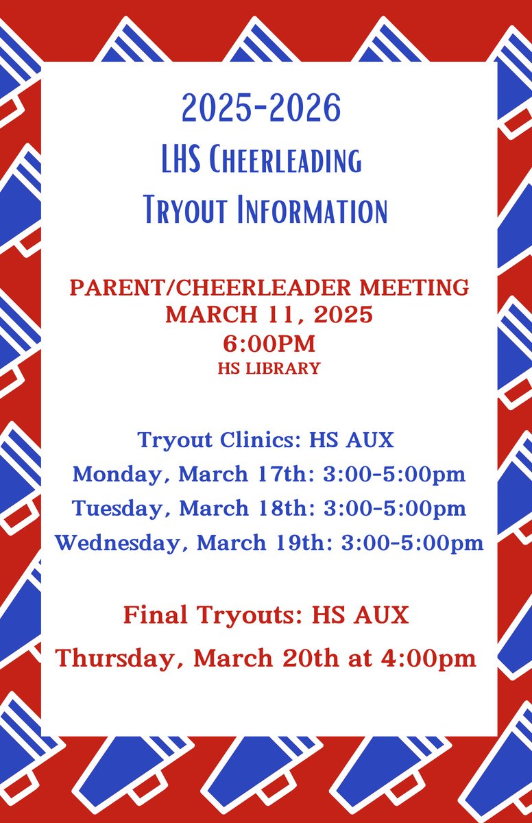 Lakewood Local Schools (@lakewoodlocalsd) on Twitter photo Hey Lancers! The mandatory LHS cheerleader/parent meeting is one week from today on Tuesday, March 11 at 6:00 p.m. in the LHS library.
See the flyer below for important dates around 2025-2026 LHS Cheerleading Tryout Information! <a href="/LWHSLancers/">Lakewood Athletics</a> Hey Lancers! The mandatory LHS cheerleader/parent meeting is one week from today on Tuesday, March 11 at 6:00 p.m. in the LHS library.
See the flyer below for important dates around 2025-2026 LHS Cheerleading Tryout Information! <a href="/LWHSLancers/">Lakewood Athletics</a>