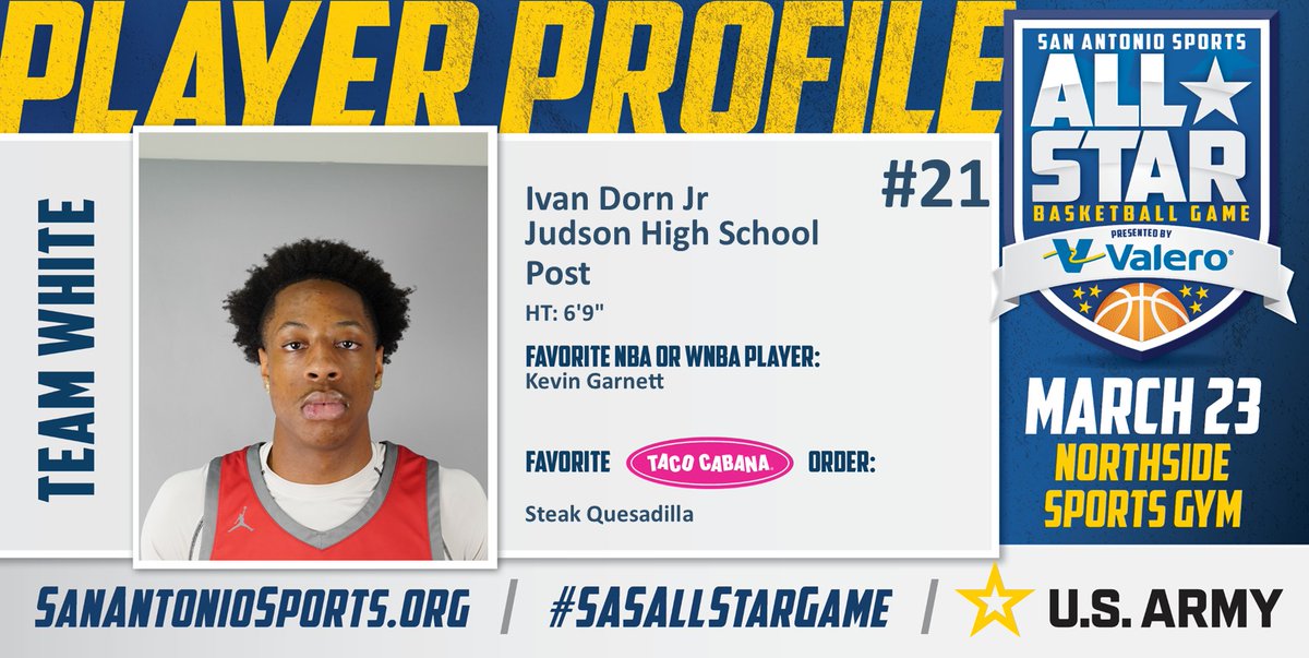 Meet <a href="/The_IvanDornJr/">Ivan Dorn Jr</a> from <a href="/JISDRocketPride/">Judson High School</a> who will compete in the San Antonio Sports All-Star Basketball game pres. by <a href="/ValeroEnergy/">Valero</a> at the Northside Sports Gym on March 23rd! #SASAllStarGame #BeAllYouCanBe <a href="/TacoCabana/">Taco Cabana</a> <a href="/ArmySanAntonio/">GoArmy San Antonio</a> <a href="/KevinGarnett5KG/">Kevin Garnett</a>

<a href="/JudsonHoops1/">Judson HS Basketball</a>
<a href="/CoachCantu2/">Noe Cantu</a>