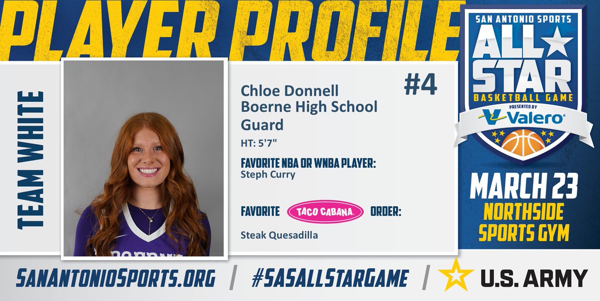 Meet <a href="/Chloe_Donnell3/">Chloe Donnell</a> from <a href="/Boernehs/">Boerne High School</a> who will compete in the San Antonio Sports All-Star Basketball game pres. by <a href="/ValeroEnergy/">Valero</a> at the Northside Sports Gym on March 23rd! #SASAllStarGame #BeAllYouCanBe <a href="/TacoCabana/">Taco Cabana</a> <a href="/ArmySanAntonio/">GoArmy San Antonio</a> <a href="/StephenCurry30/">Stephen Curry</a>

<a href="/LeechStan/">Boerne ISD Athletics</a>
<a href="/BHSHoundBball/">Boerne Girls Basketball</a>