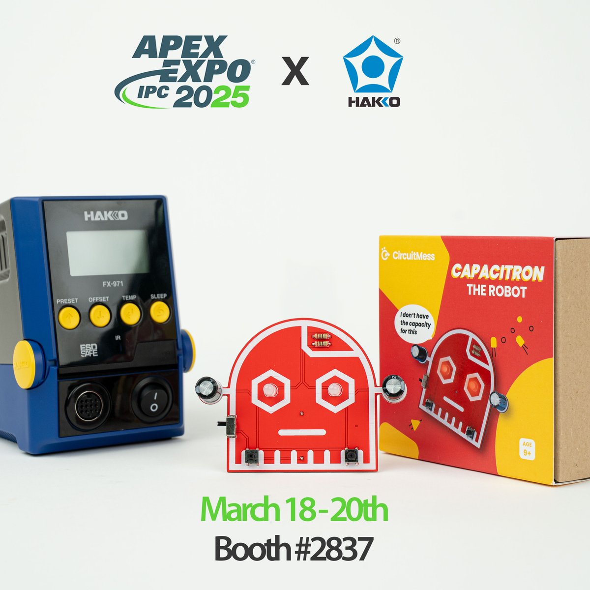 HakkoUSA's tweet photo. Swing by Booth #2837 at IPC APEX EXPO 2025 in Anaheim, March 18-20! Join American Hakko Products, Inc. as we build DIY robot soldering kits from Circuit Mess. Spark your electronics passion!  #IPCAPEX2025 #AmericanHakko #CircuitMess #DIYRobots https://t.co/z5DBsIWJM3