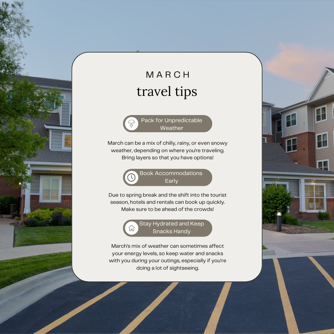 March travel made easy! 🌍✨ Pack for the weather, explore local gems, and make the most of your stay. 🏨✈️ 

#TravelTips #MarchAdventures #ResidenceInnForsyth #ExploreMore